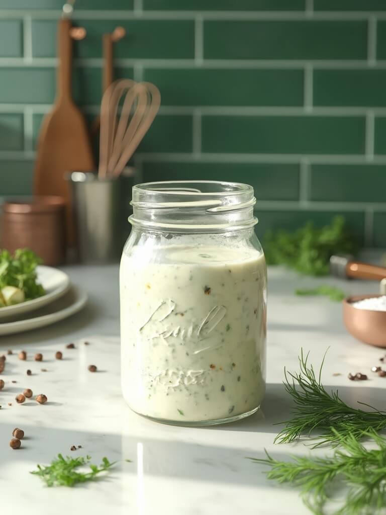 "keto ranch dressing in a jar with fresh herbs on a marble countertop, being drizzled onto a salad. "