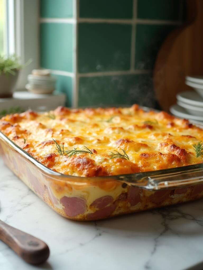 Low-Carb Reuben Casserole 2 "hot reuben casserole in glass dish with swiss cheese, corned beef, and sauerkraut layers on marble counter with wooden spoon, in modern kitchen"