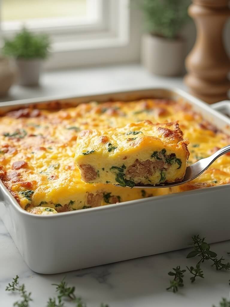 "golden-brown keto sausage and egg breakfast casserole in a ceramic dish, with a slice being lifted, staged on a marble countertop with fresh herbs and a pepper grinder. "