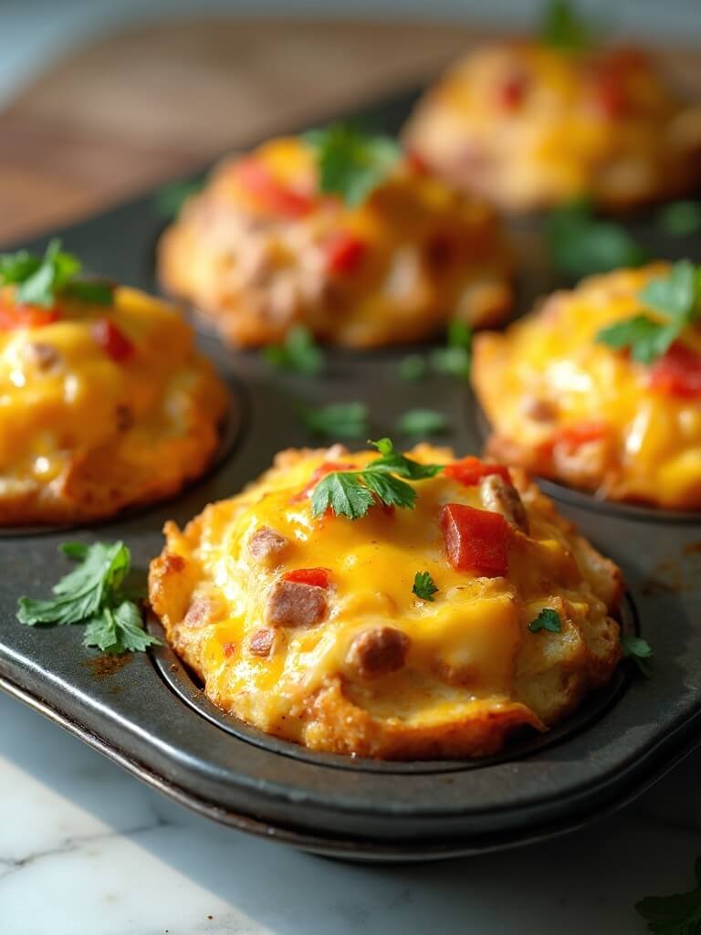 "keto breakfast muffins with sausage, egg, and cheese in black muffin tin on marble countertop"