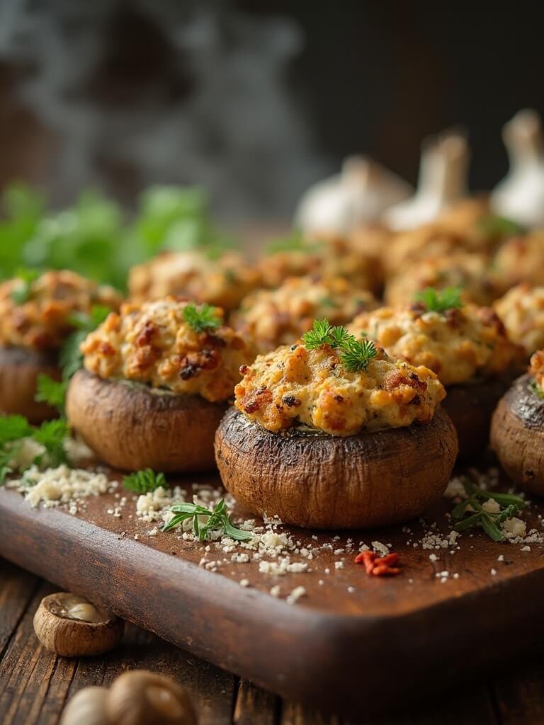 "golden-brown stuffed cremini mushrooms with sausage and cream cheese filling, topped with melted parmesan and parsley on a wooden board, with some ingredients in the background. "
