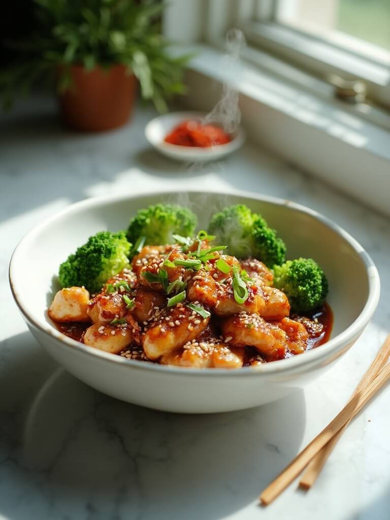 Keto Sesame Chicken With Broccoli 2 "glossy sesame chicken and vibrant green broccoli in a white ceramic bowl, garnished with sesame seeds and green onions, served on a marble countertop with an asian-inspired setting. "
