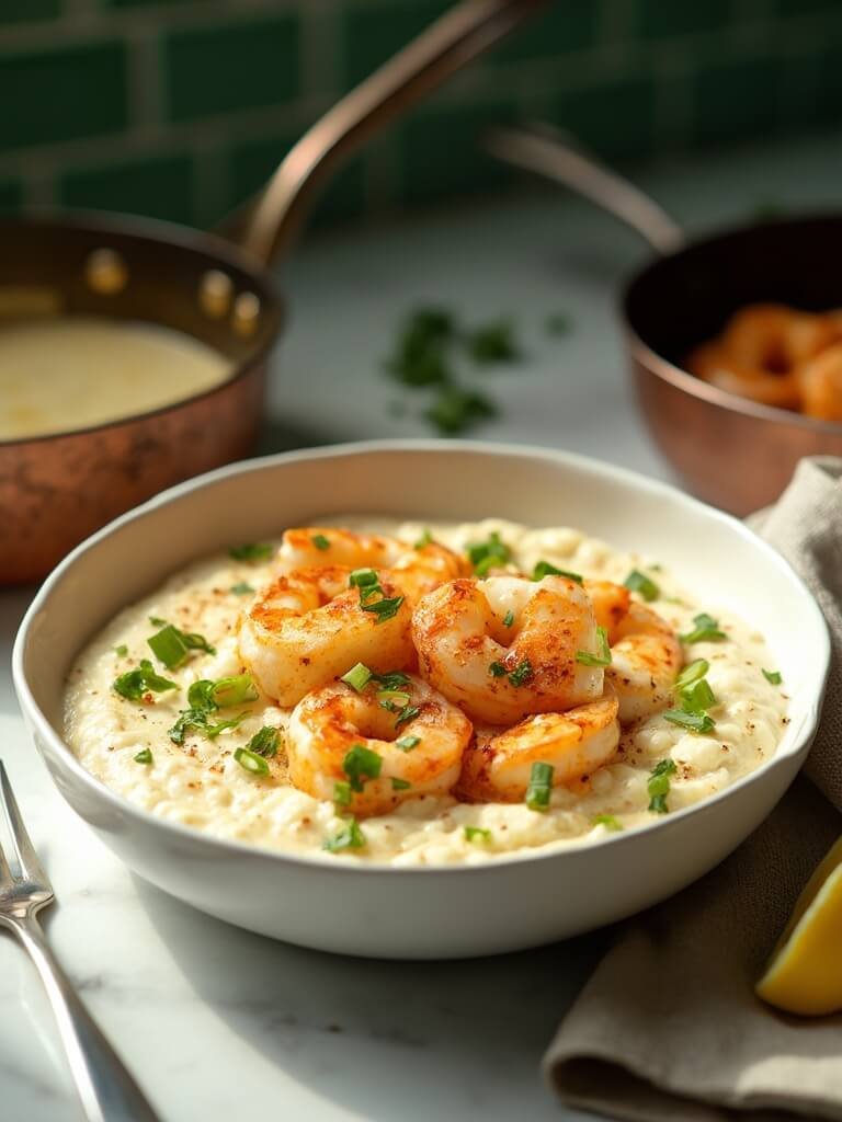 Keto Shrimp And Cauliflower Grits 2 "keto shrimp and cauliflower grits garnished with green onions and parsley served in a white ceramic bowl on a light marble surface"