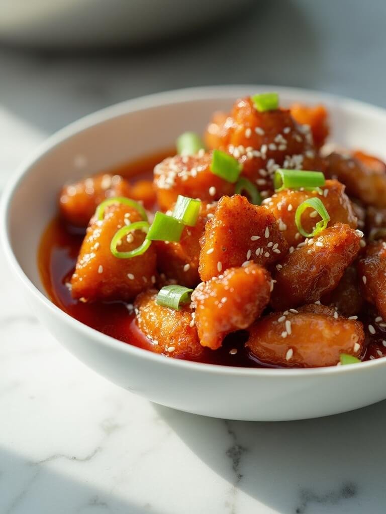 Keto Sweet And Sour Chicken 2 "crispy coated keto sweet and sour chicken pieces in tangy sauce with scallion and sesame seed garnish in a white bowl"