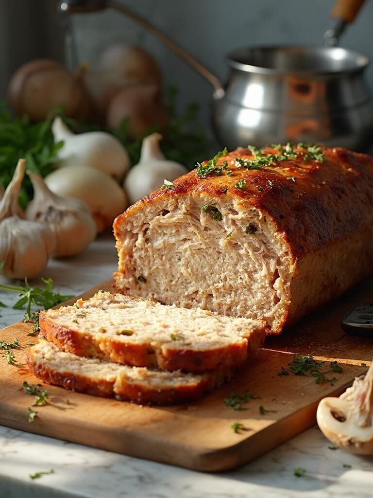 "keto turkey meatloaf with almond flour on a rustic cutting board, surrounded by fresh herbs and sautéed mushrooms on a marble countertop"