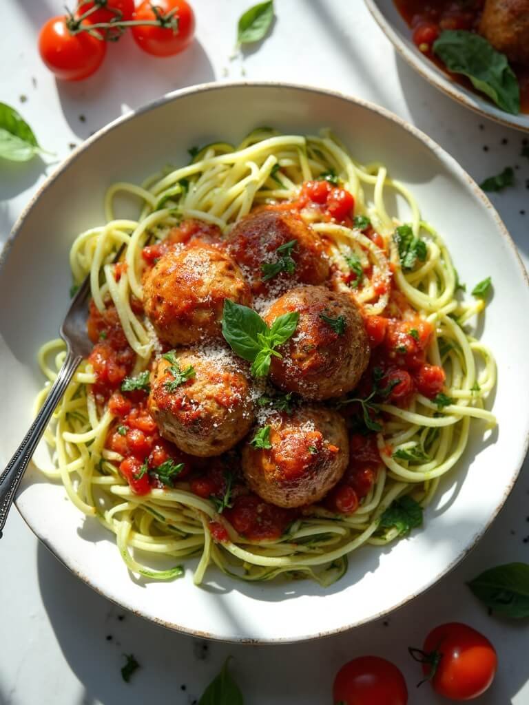 "overhead shot of keto zucchini spaghetti with meatballs garnished with fresh basil and parmesan cheese, served on a marble countertop. "