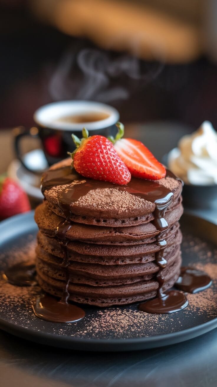A stack of chocolate pancakes topped with strawberries and chocolate sauce, served with coffee and whipped cream.