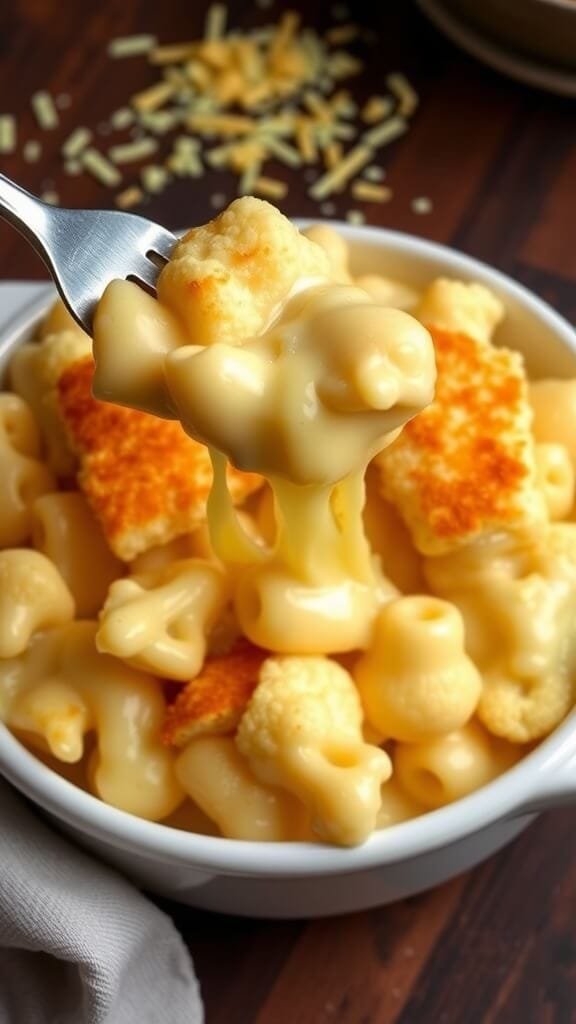 A bowl of keto mac and cheese topped with melted cheese and herbs.