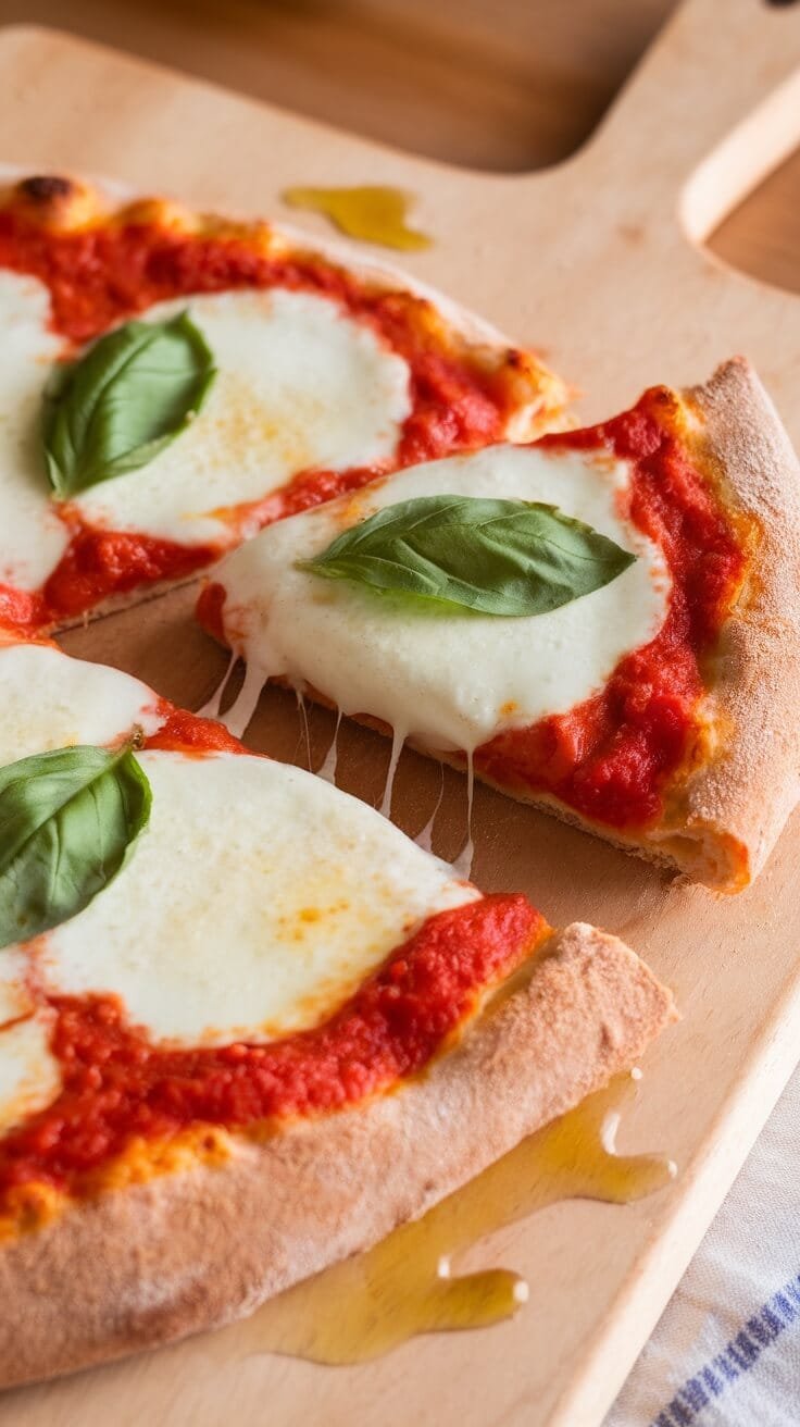Keto margherita pizza on a wooden serving board with fresh basil leaves