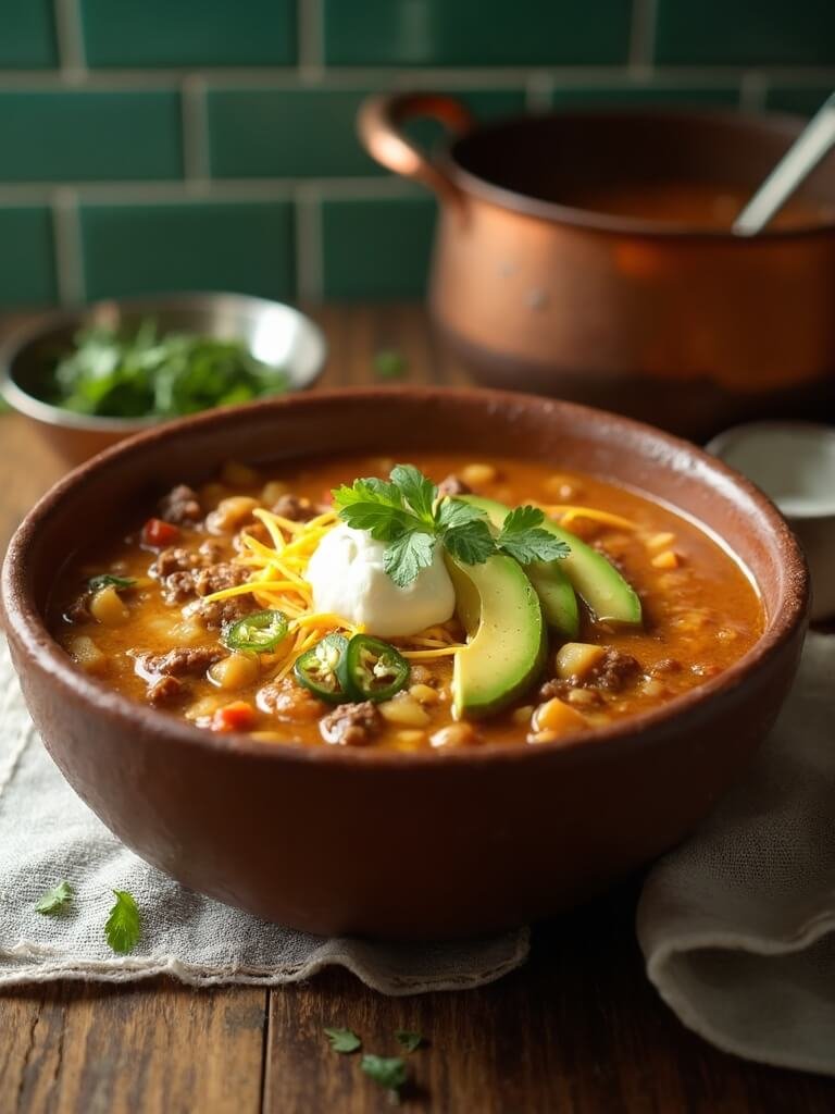 "steaming hot low carb taco soup with ground beef, cheese, avocado, jalapeños, and cilantro in a rustic ceramic bowl on a wooden table"