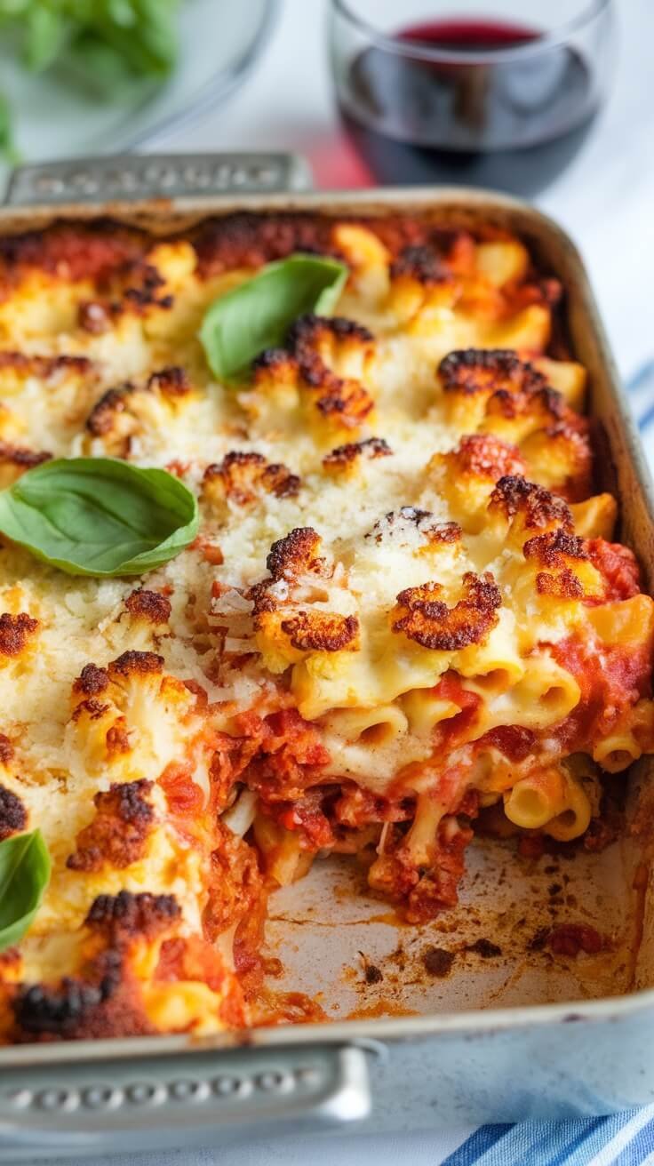 A dish of baked ziti made with cauliflower and topped with cheese, garnished with fresh basil.