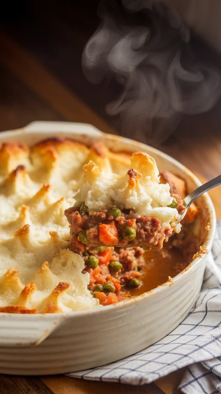 Low-carb shepherd's pie with cauliflower mash in a rustic dish.