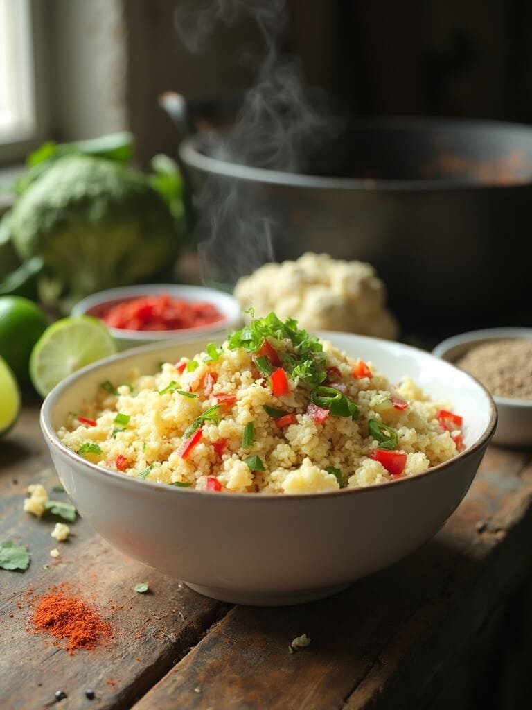 "freshly cooked mexican cauliflower rice in a white bowl on a rustic wooden table, surrounded by ingredients like tomatoes, cilantro, jalapeños, lime, and spices. "
