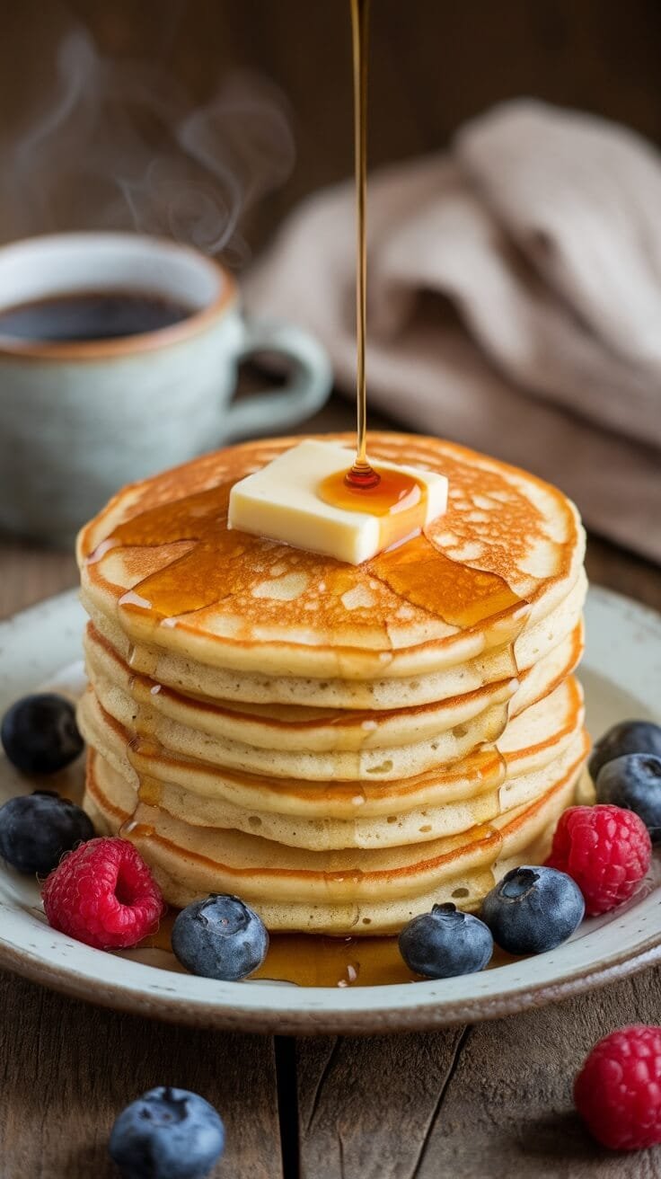Stack of pancakes topped with butter and syrup, surrounded by fresh berries and a cup of coffee.