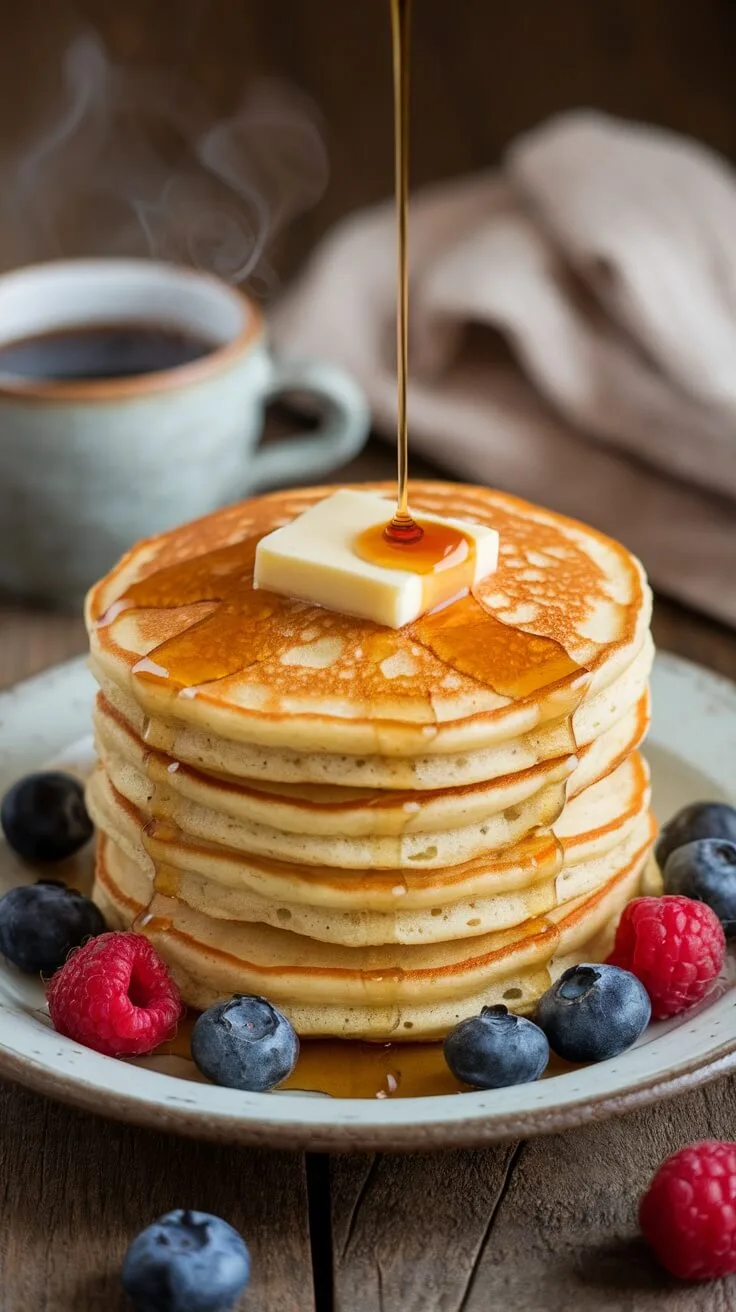 8 Energizing High Protein Low Carb Breakfasts To Keep You Satisfied 3 Stack of pancakes topped with butter and syrup, surrounded by fresh berries and a cup of coffee.