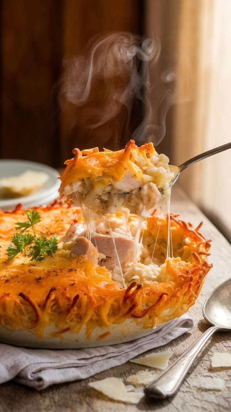 A casserole dish filled with chicken, cauliflower rice, and cheese, garnished with parsley.
