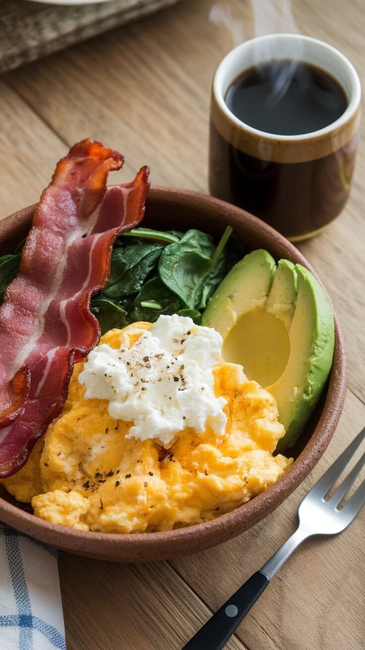 A delicious savory keto breakfast bowl with scrambled eggs, bacon, spinach, avocado, and a cup of coffee