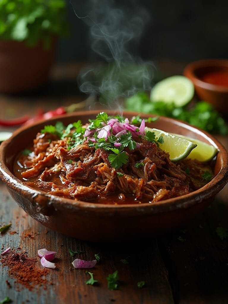 Slow Cooker Keto Beef Barbacoa 2 "shredded barbacoa beef in a rustic bowl garnished with cilantro, lime wedges, and red onions, with spices and ingredients in the background"