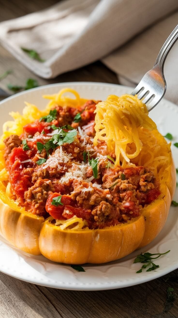 A plate of spaghetti squash filled with meat sauce, garnished with fresh basil.