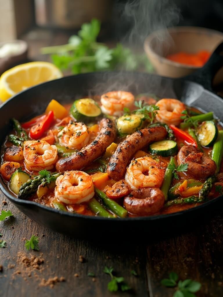 "spicy cajun shrimp and sausage stir-fry with vegetables in a sizzling cast iron skillet on a rustic wooden background"