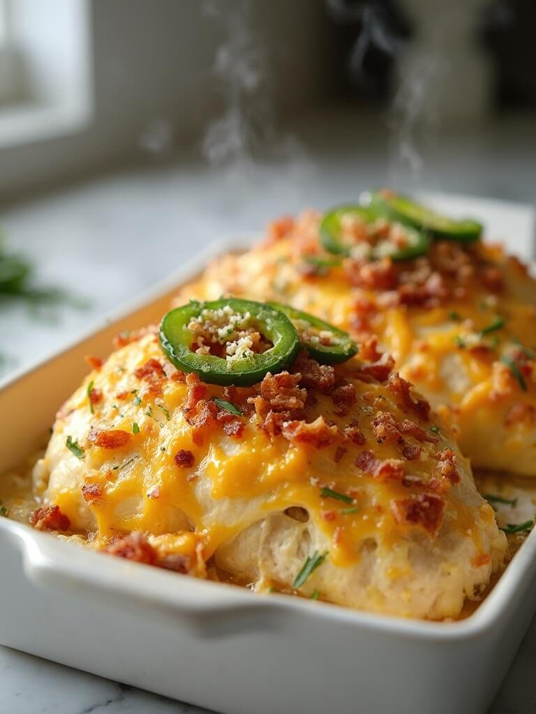 "spicy keto jalapeno popper chicken topped with melted cheddar cheese and bacon crumbles in white ceramic dish"