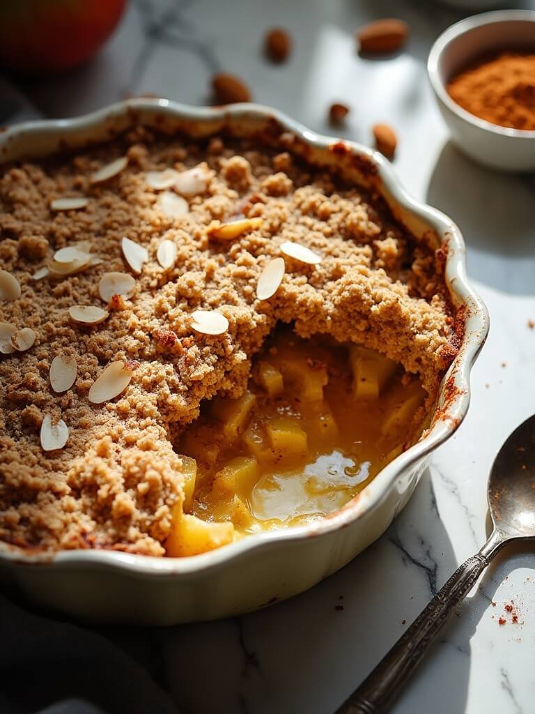 "sugar-free apple crisp with chayote squash and almond crumble in rustic ceramic dish, served on a weathered marble countertop"