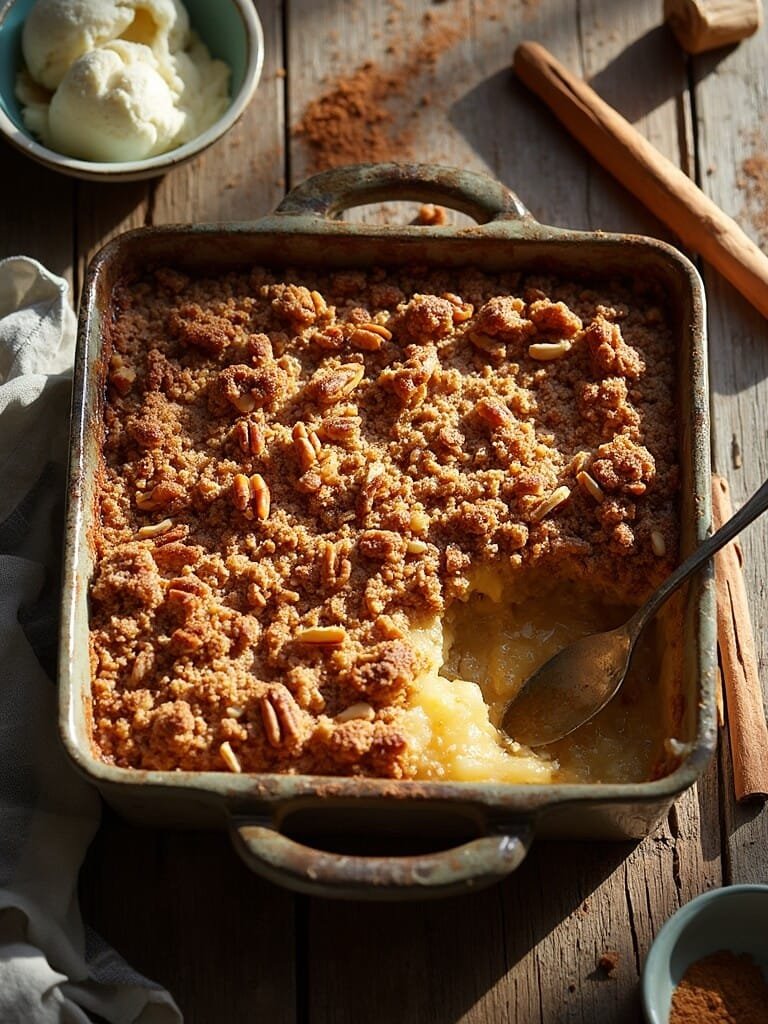 "golden-brown chayote apple crisp in rustic ceramic dish with almond-pecan topping, alongside vanilla ice cream, cinnamon, and vintage baking tools on weathered wooden surface. "