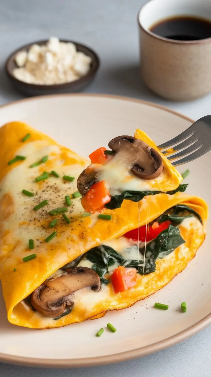 8 Energizing High Protein Low Carb Breakfasts To Keep You Satisfied 10 A delicious keto omelette with mushrooms, spinach, and red peppers on a plate.