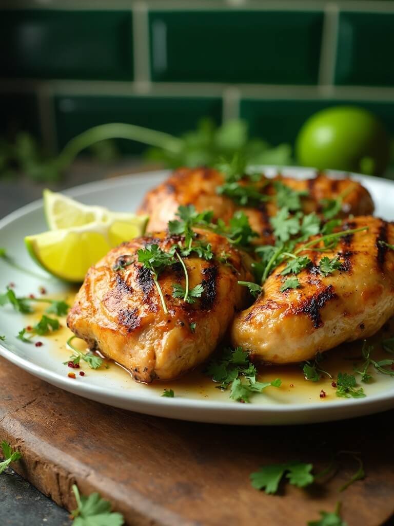 "grilled chicken thighs with cilantro and lime on a white platter, rustic wooden background"