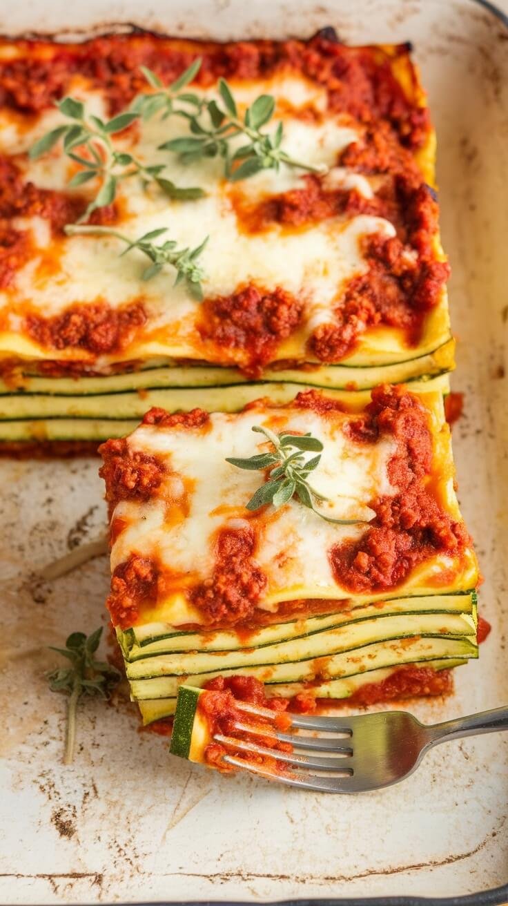 A serving of zucchini lasagna with layers of zucchini, meat sauce, and cheese.