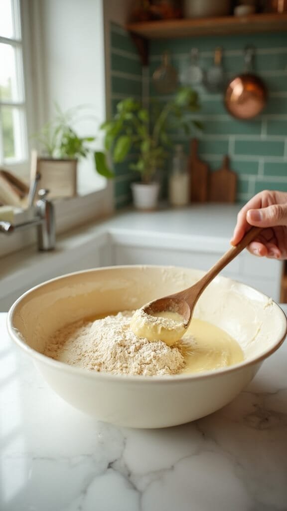 Professional food photography of a modern kitchen with wooden utensils and cream-colored bowls, featuring a wooden spoon mixing batter in a bowl.