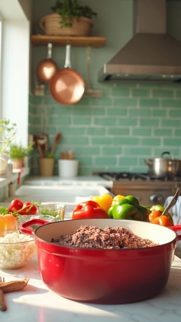 Traditional Easy Beef Chili Recipe 3 0 browning beef prep scene