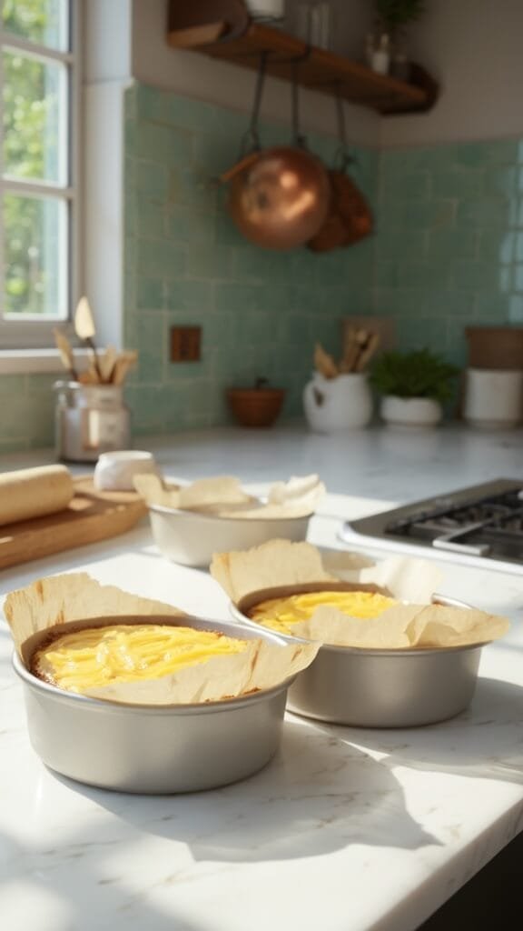 Two parchment-lined cake pans filled with smooth golden batter in a modern kitchen with white marble countertops, green subway tiles, stainless steel appliances, and warm, earthy tones.