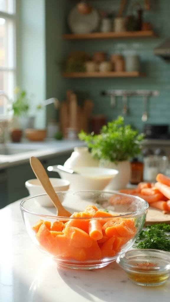 Perfect Roasted Carrots (Quick &Amp; Easy Side Dish) 4 Carrots cut into 2-inch pieces in a clear bowl with olive oil and seasonings in a small glass bowl, on a marble kitchen counter with modern cookware