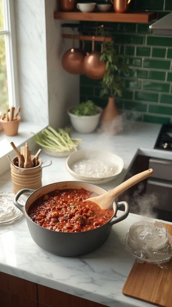 Traditional Easy Beef Chili Recipe 5 0 chili simmering dutch oven