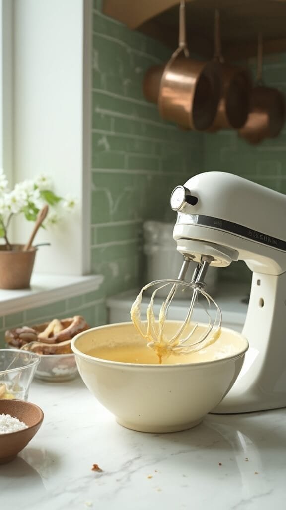 Professional food photography of electric mixer creaming coconut oil and sugar in a modern kitchen with ceramic and clear prep bowls, wooden utensils, and green subway tile backsplash, illuminated by natural daylight