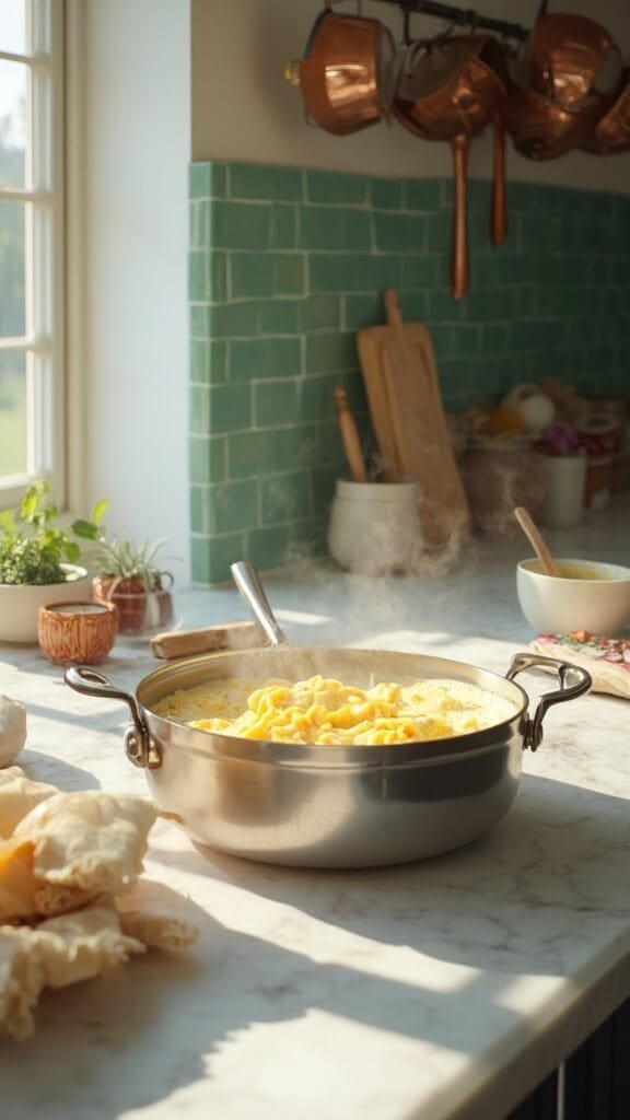 Healthier Mac And Cheese Recipe 5 Professional food photography in a modern kitchen with creamy sauce being stirred in pot, warm earthy color grading, green subway tile backsplash, and natural daylight streaming in.