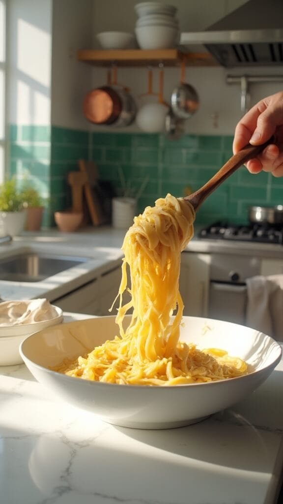 Healthier Mac And Cheese Recipe 6 Whole wheat pasta being folded into cheese sauce in a modern kitchen with white marble countertops, stainless steel appliances, and green subway tiles backsplash
