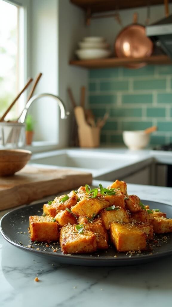 Crispy Pan-Fried Tofu (Vegan, Gluten-Free) 7 Golden-brown crispy tofu on a black ceramic plate, garnished with sesame seeds and green onions, in a modern kitchen with green subway tile backsplash and copper pots.