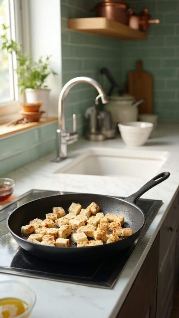 Crispy Pan-Fried Tofu (Vegan, Gluten-Free) 4 Perfectly cubed tofu on a wooden cutting board in a modern kitchen with green subway tiles, wooden utensils, cream-colored bowls, and a bowl of cornstarch