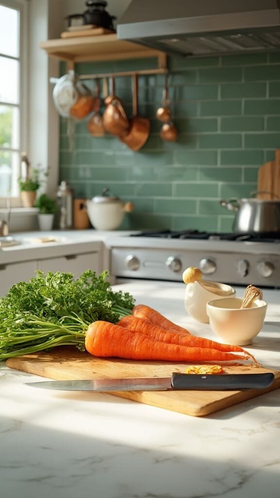 Perfect Roasted Carrots (Quick &Amp; Easy Side Dish) 3 Fresh whole carrots with green tops on a wooden cutting board in a modern kitchen, surrounded by cookware and utensils