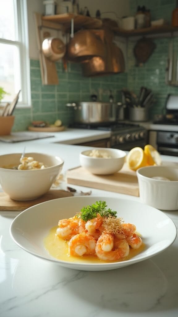 Garlic Butter Shrimp - A 15-Minute Restaurant-Quality Dish 7 Professional food image of garlic butter shrimp in a white ceramic bowl in a modern kitchen with green subway tiles backsplash, wooden utensils, and cream-colored prep bowls, shot using canon 5d mark iv in natural daylight