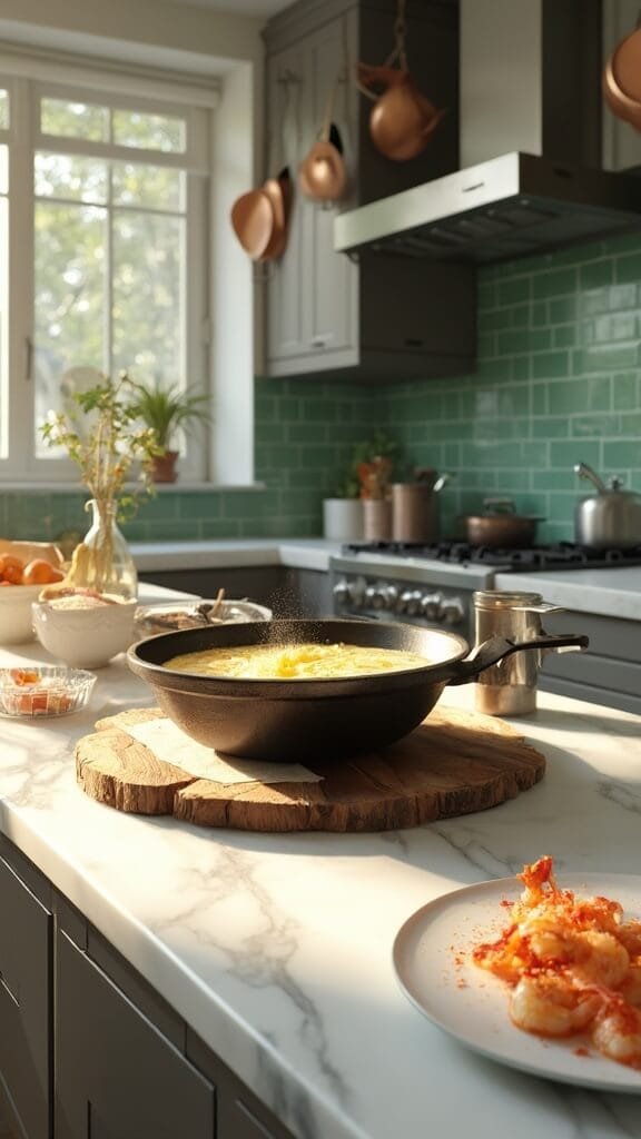 Garlic Butter Shrimp - A 15-Minute Restaurant-Quality Dish 4 Modern kitchen with white marble countertops and stainless steel appliances, butter melting in a large cast iron skillet with minced garlic and seasoned shrimp waiting on a side plate.