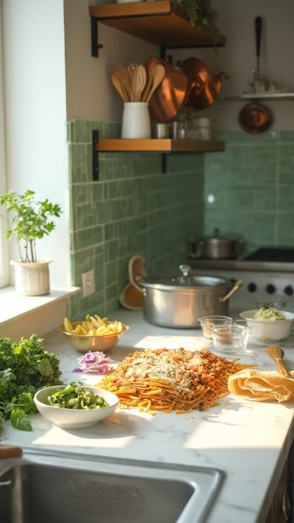 Healthier Homemade Lasagna (High-Protein, Veggie-Packed) 3 Ingredients for healthy lasagna on a modern kitchen countertop, lit by natural daylight, featuring whole wheat lasagna sheets, fresh vegetables, lean ground turkey, and assorted cheeses.