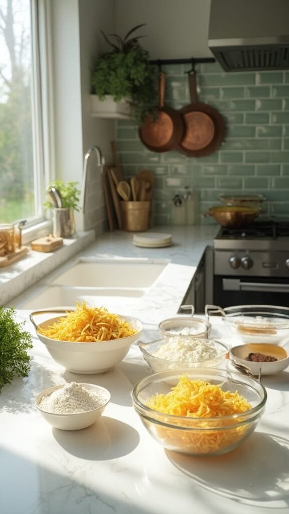Healthier Mac And Cheese Recipe 3 Modern kitchen with white marble counters, stainless steel appliances, and green subway tile backsplash, featuring warm, earthy color grading and natural daylight. Preparation of mac and cheese with ingredients in clear bowls with modern cookware and wooden utensils.