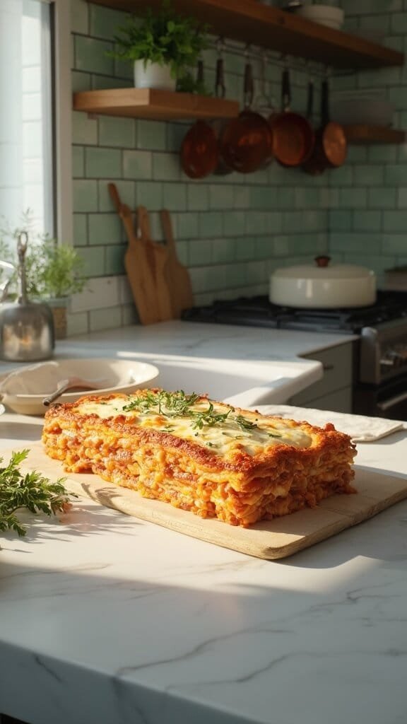 Healthier Homemade Lasagna (High-Protein, Veggie-Packed) 6 Freshly baked lasagna in a modern kitchen with green subway tile backsplash, wooden utensils and cream-colored prep bowls, illuminated by natural daylight.