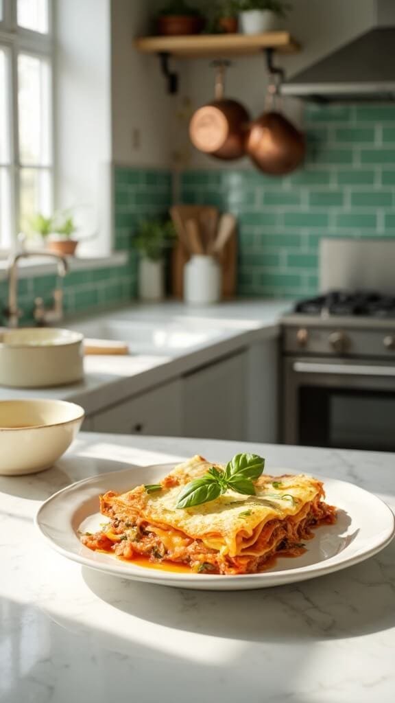 Healthier Homemade Lasagna (High-Protein, Veggie-Packed) 7 Single serving of lasagna on a white dish in a modern kitchen with green subway tiles and copper pots