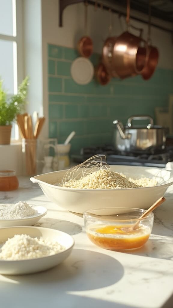 Preparation of ingredients in a modern kitchen, with dry ingredients in a cream-colored bowl and a glass bowl of beaten eggs mixed with maple syrup and coconut oil, lit by natural daylight.