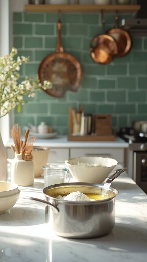 Healthier Mac And Cheese Recipe 4 Professional food photography in a modern kitchen featuring a pot of melting butter and flour on a stove, wooden whisk, and milk in a glass measuring cup
