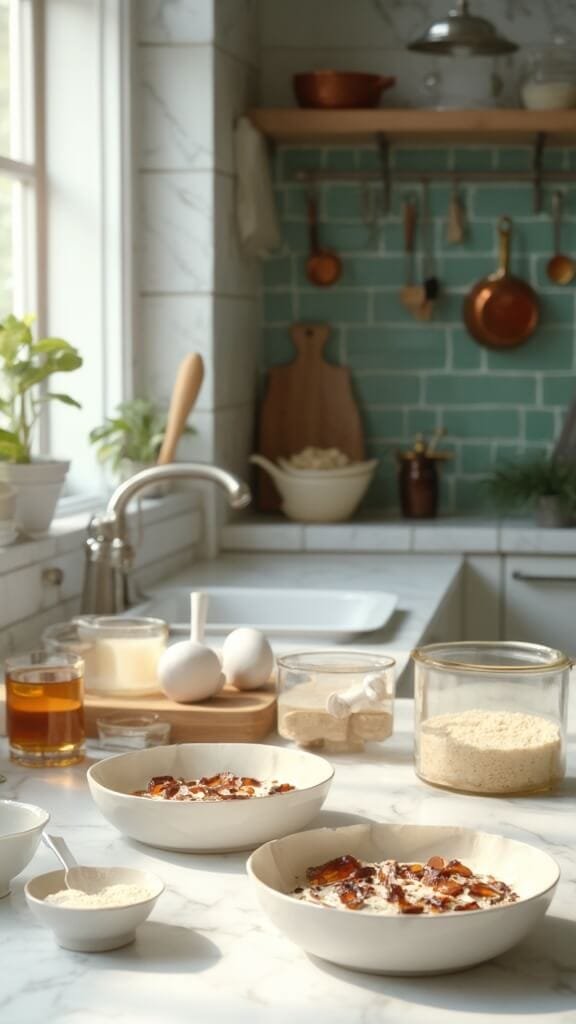Ingredients for baking in a modern kitchen with green subway tile backsplash, wooden utensils, ceramic prep bowls, and natural daylight.